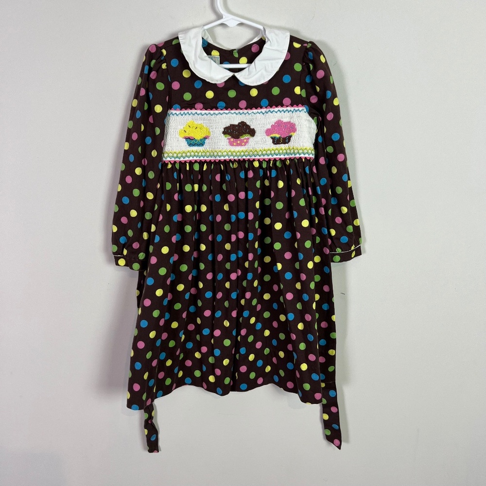 Marmellata Girls Brown Polka Dot Cupcake Birthday Smocked Long Sleeve Dress